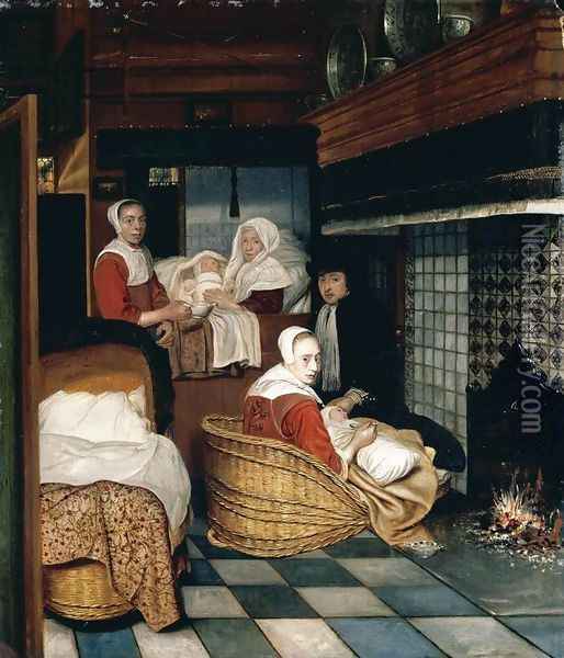 Interior with a Family and Two Nurses before a Fire 1670s Oil Painting - Cornelis De Man