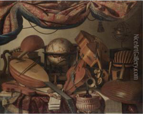 A Still Life With Musical 
Instruments Including A Viola, A Violin, A Cello And A Selection Of 
Lutes, Along With A Globe And Tomes Of Classical Literature Oil Painting - Bartolomeo Bettera