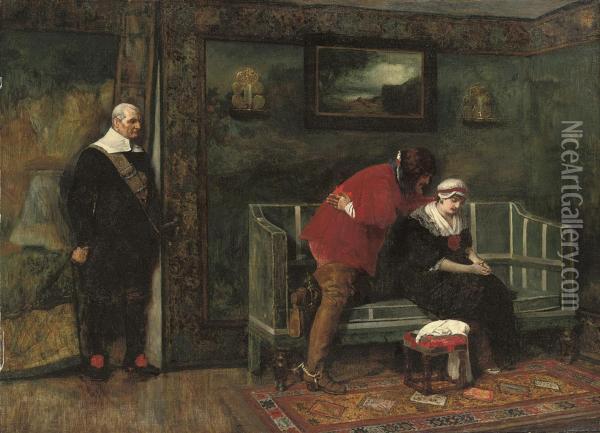 Major Ralph Bridgenorth Interrupts An Encounter Between Hisdaughter Alice And Julian Peveril, From Chapter Xiii Of Peveril Ofthe Peak By Sir Walter Scott (1823) Oil Painting - James Dromgole Linton