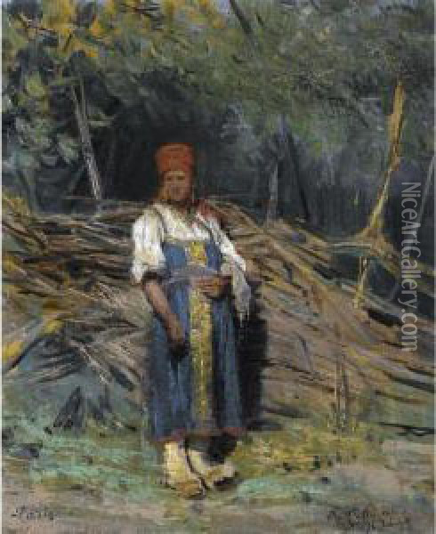 Peasant Girl In A Forest Oil Painting - Konstantin Apollonovich Savitskii