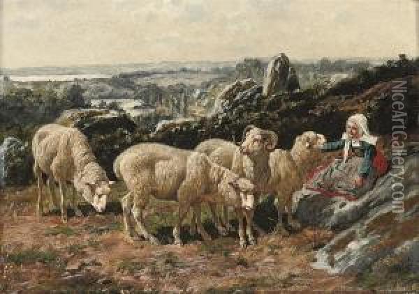 A Shehperdess With Her Flock Oil Painting - William Baptiste Baird