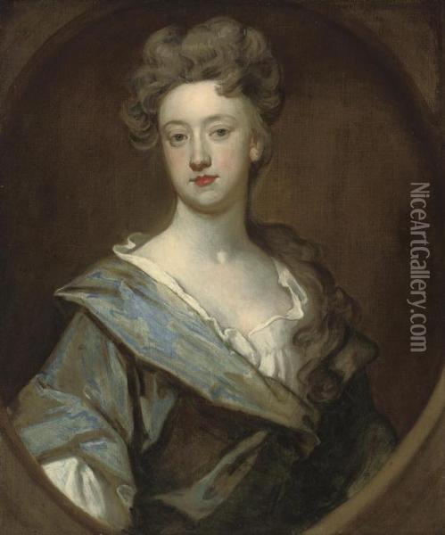 Portrait Of A Lady, Half-length, In A Blue Robe, In A Feignedoval Oil Painting - Sir Godfrey Kneller