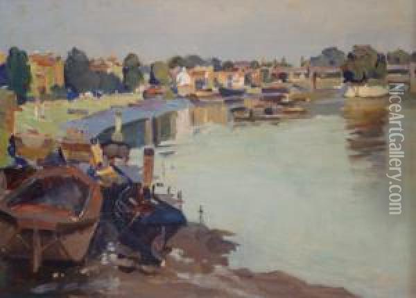 Thames View With Steam Tugs And Figures Playing At Waters Edge Oil Painting - Herbert Kerr Rooke