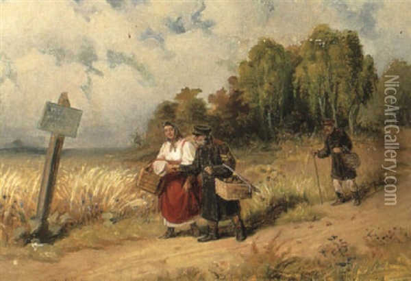 Landskab Med Figurer Pa En Grusvej Oil Painting - Leonid Ivanovich Solomatkin