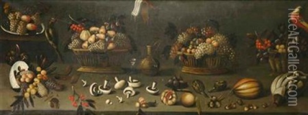 Still Life With Fruits, Vegetables, Wine And Birds Oil Painting - Agostino Verrocchi