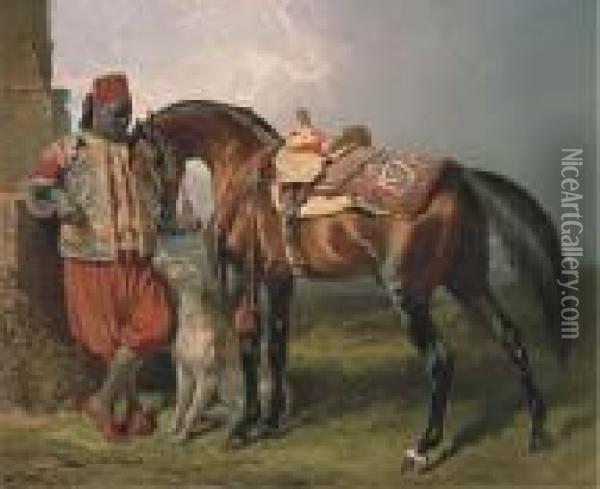 An African Groom Holding A Stallion, With A Dog Oil Painting - Alfred De Dreux