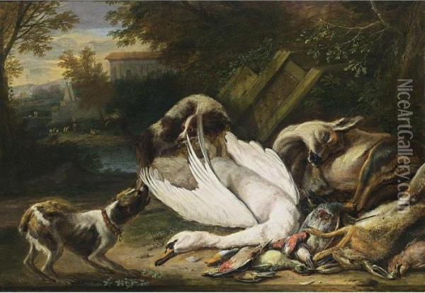 A Hunting Still Life With A Swan, A Deer, A Hare, And Birds, Together With Two Dogs Oil Painting - Adriaen de Gryef