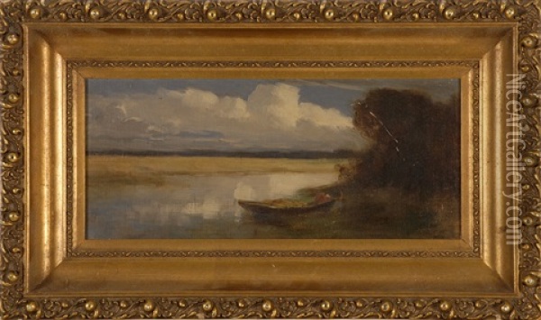 Bay Of Fundy Marsh Scene With Small Boat On Shore Beneath Billowing Clouds Oil Painting - John A. Hammond