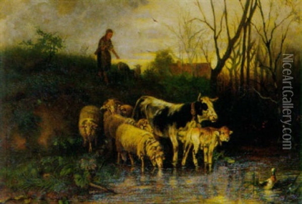 Hirtin Mit Schafen Und Kuhen Am Teich Oil Painting - Otto Friedrich Gebler
