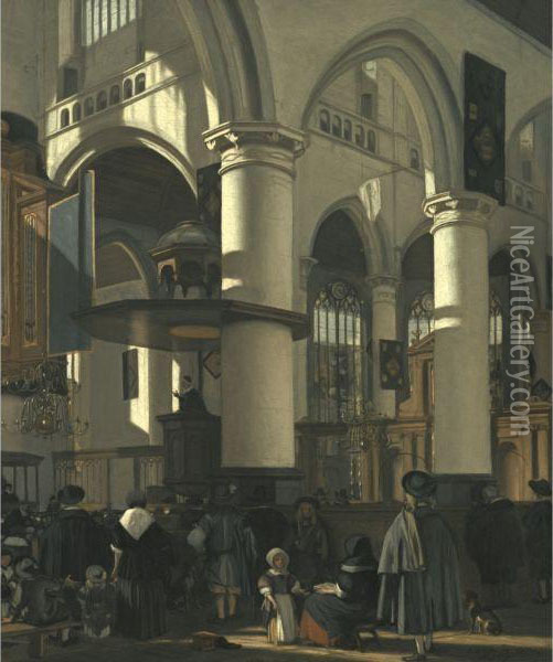 The Interior Of The Oude Kerk In Delft, From The South Aisle To Thecrossing, Towards The Noth-east, During The Preaching Of Asermon Oil Painting - Emanuel de Witte