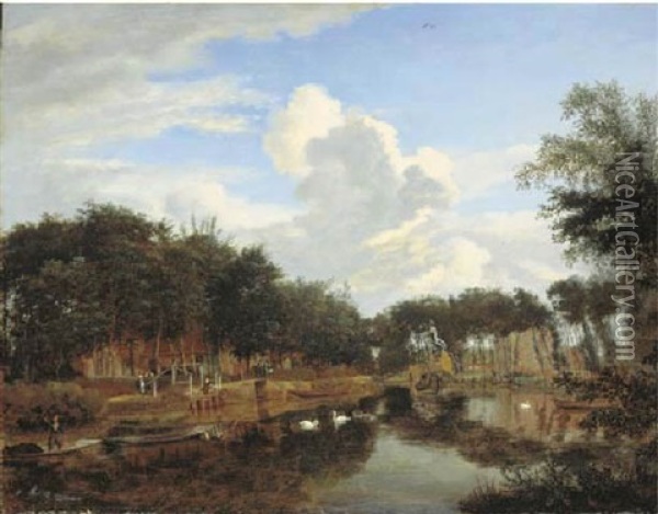 A View Of A Canal With A Village Beyond, (the Vecht Near Maarssen?) Oil Painting - Jan Van Der Heyden