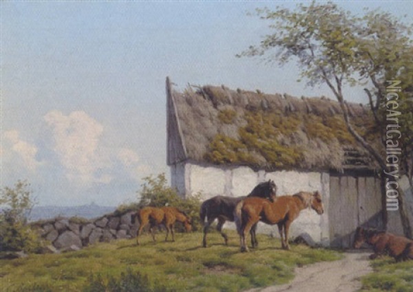 Heste Ved Et Bondehus Oil Painting - Carl Frederik Bartsch