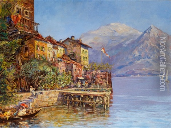 Landschaft Mit Hausergruppe Am Ufer Des Luganer Sees Oil Painting - Georg Fischhof
