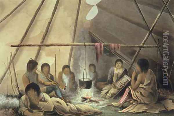 Interior of a Cree Indian Tent Oil Painting - Hood, Lieutenant