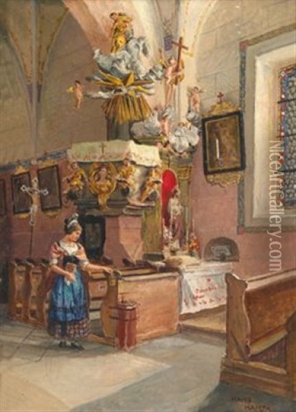 Der Seitenaltar In Der Kirche Zu Monichkirchen, Nordosterreich. Bauerin In Der Dortigen Tracht Oil Painting - Hans Hamza