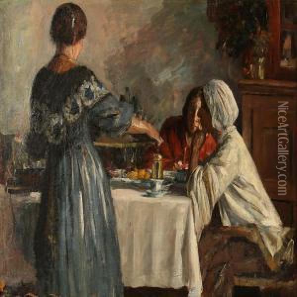 Italian Women Around A Coffee Table Oil Painting - Herman A. Vedel