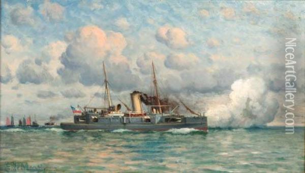 A Chilean Gunboat Firing A Salute Oil Painting - Eduardo de Martino