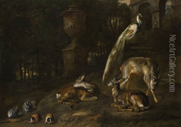 Escena Con Ciervos Y Conejos De Indias Oil Painting - David de Coninck