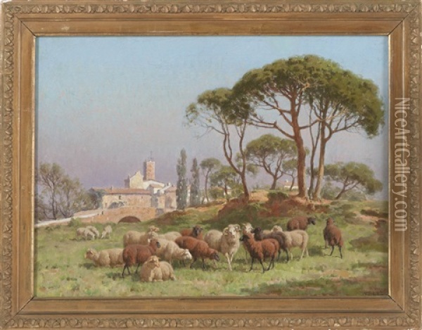 Sheep Grazing Outside A Mediterranean Town Oil Painting - William Baptiste Baird