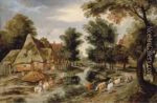 A Wooded Village Landscape Oil Painting - Pieter The Younger Brueghel