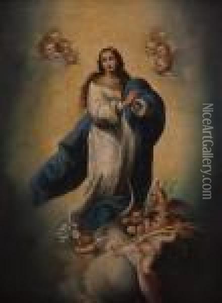The Assumption Of The The Blessed Virgin Mary 
Full Length Portrait Amongst Clouds And Cherubs Oil Painting - Bartolome Esteban Murillo