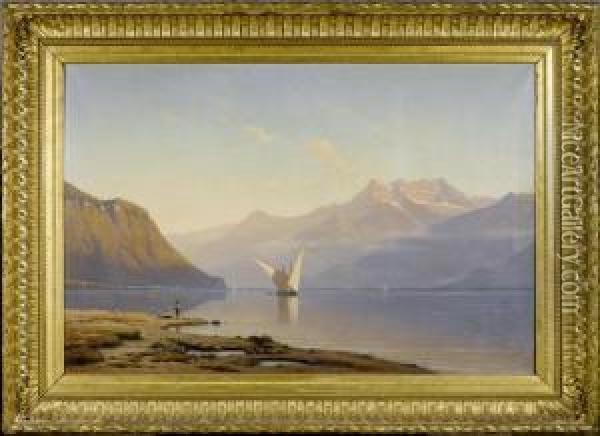 View Of The Lake Of Geneva And Of The Dents-du-midi Mountain Oil Painting - Auguste Louis Veillon