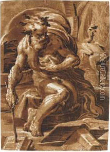 Diogenes (b. 10; Servolini Xxiii) Oil Painting - Ugo Da Carpi