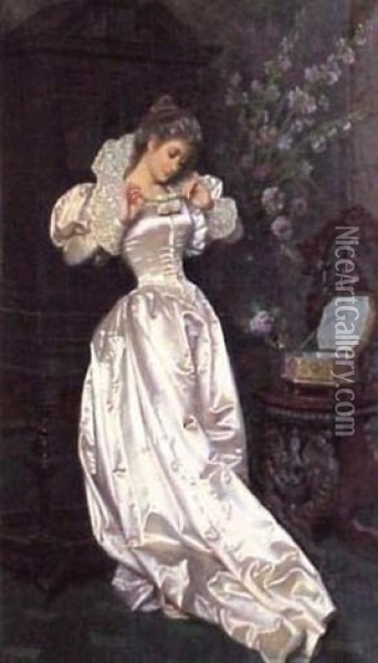 Portrait Of A Woman In Silver Satin Dress Tying Up A Packet Of Letters Oil Painting - Pio Ricci