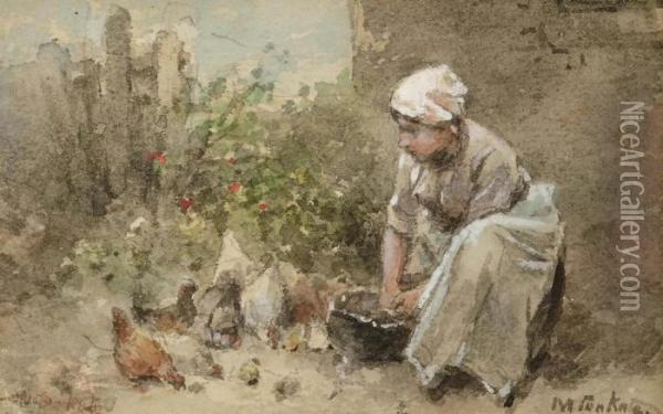 Feeding The Chickens Oil Painting - Jan Mari Henri Ten Kate