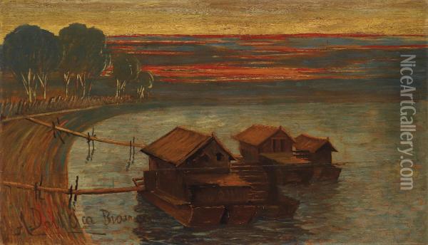 Boats On The River Etsche At Dusk Oil Painting - Angelo Dall'Oca Bianca