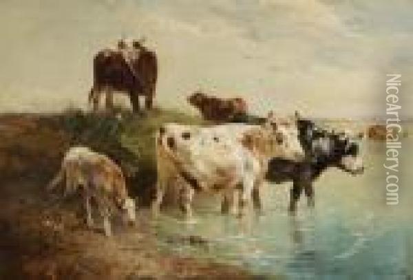Bulls And Cows Near The Water Oil Painting - Henry Schouten