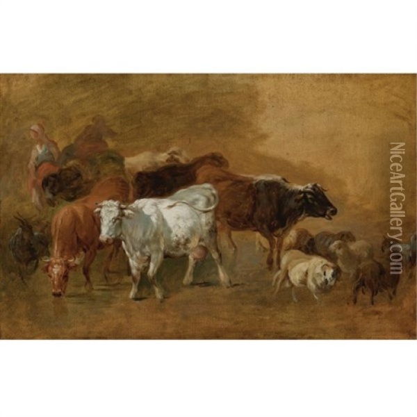 Cattle And Sheep Driven By Peasants (sketch) Oil Painting - Jean Baptiste Huet