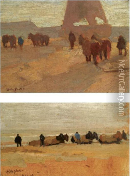Figures And Horses On The Beach Of Katwijk; Returning Home (a Pair) Oil Painting - Willy Sluyters
