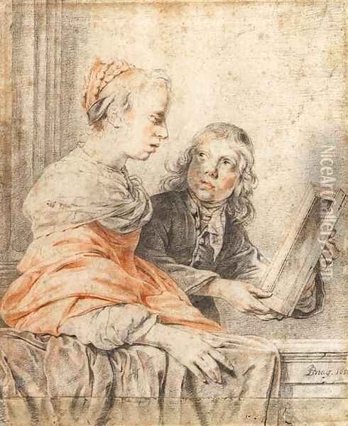 A young girl looking at her reflection in a mirror held by a page Oil Painting - Jan De Bray
