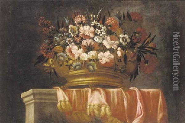 Mixed Flowers In An Urn On A Draped Ledge Oil Painting - Pieter Hardime