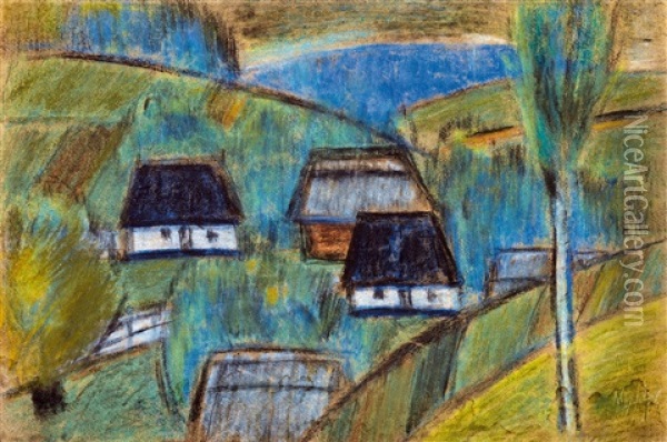 Transsylvanian Landscape (hill-side With Houses) Oil Painting - Istvan Nagy