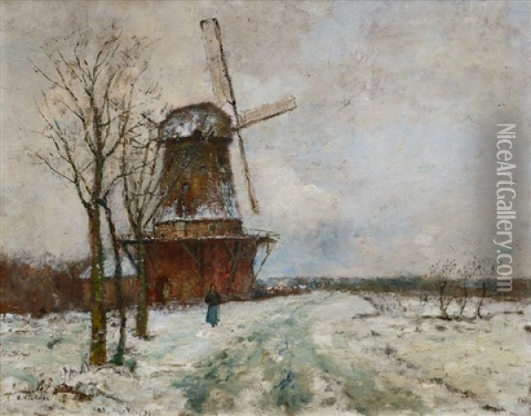 Winter Landscape With Mill And Walker Oil Painting - Rudolf Hoeckner