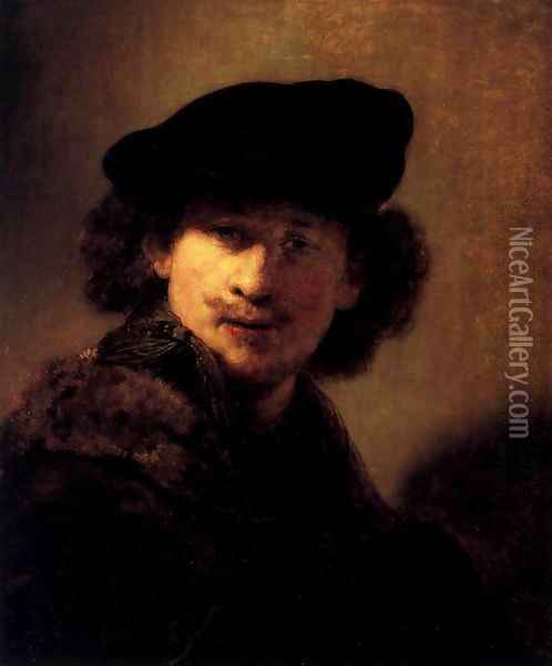 Self-Portrait with Velvet Beret and Furred Mantel Oil Painting - Rembrandt Van Rijn