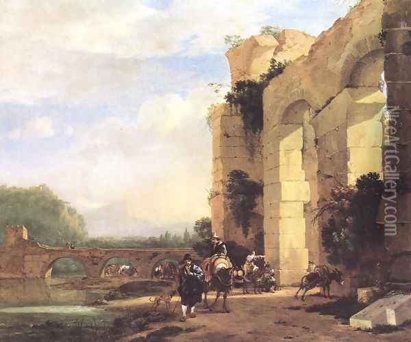 Italian Landscape With The Ruins Of A Roman Bridge And Aqueduct Oil Painting - Jan Asselyn