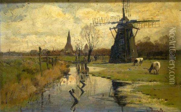Hollandische Landschaft Mit Windmuhle Und Grasenden Kuhen Am Flusslauf Oil Painting - Louis, Carl Ludwig Douzette