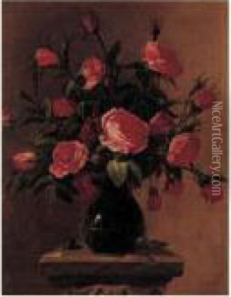 Bouquet De Roses Dans Un Vase Dispose Sur Un Entablement
 Sculpte Oil Painting - Giovanni Stanchi