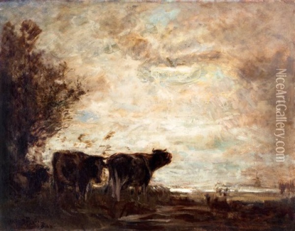 Twee Koeien In Polderlandschap Bij Avond Oil Painting - Arthur Feudel