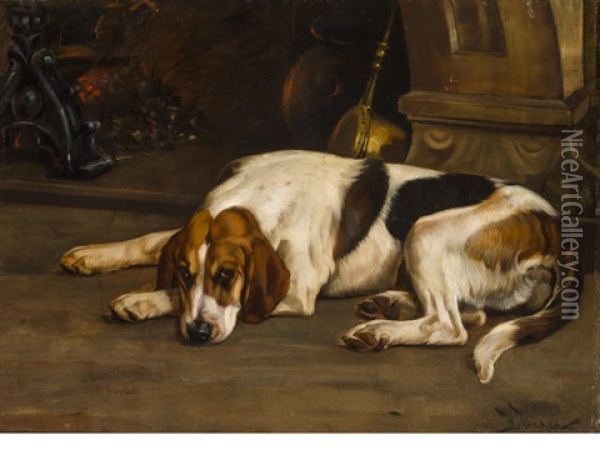 Foxhound By The Hearth Oil Painting - Wright Barker