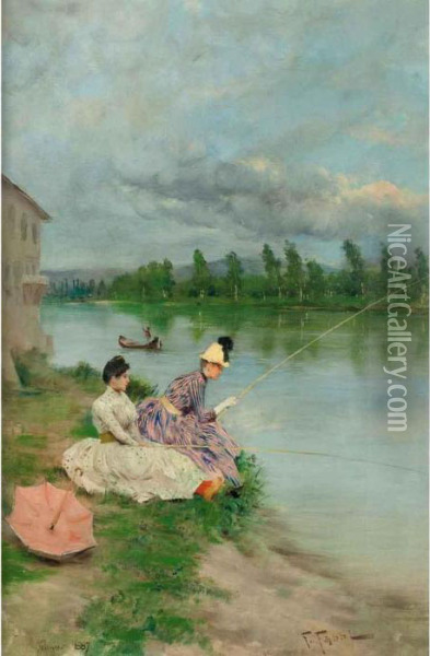 Dame A Pesca Lungo La Riva Del Fiume Oil Painting - Fabbio Fabbi