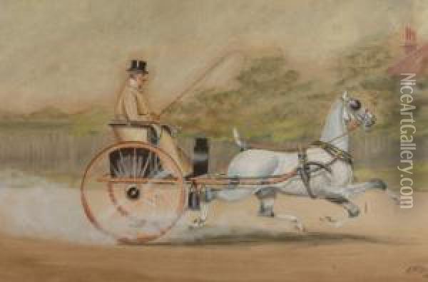 British Gentlemen Driving A Gig Pulled By A Dapple Grey Pony Oil Painting - Henry William Standing