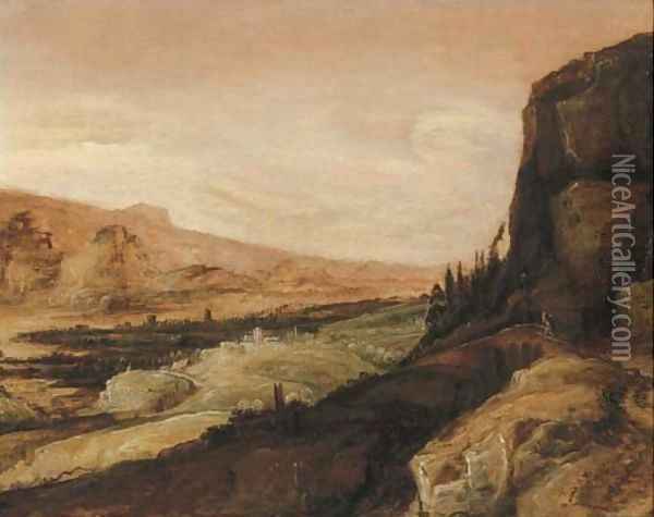 An extensive landscape with a traveller on a bridge Oil Painting - Tobias van Haecht (see Verhaecht)