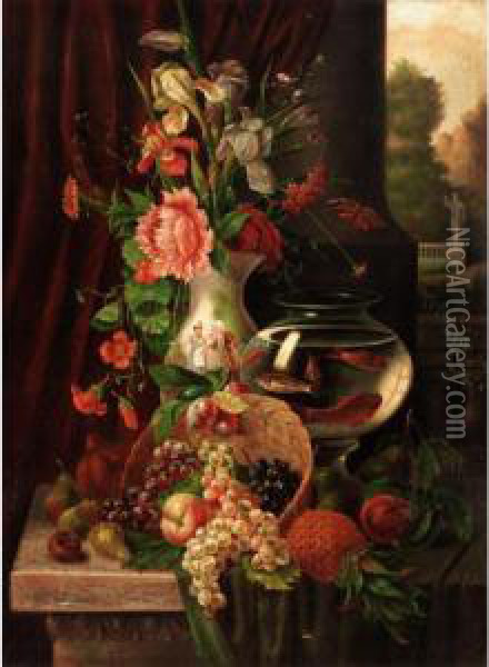 Still Life Of Fruit, Flowers And Gold Fish; Still Life Of Fruit And Flowers Oil Painting - G. Tomassi