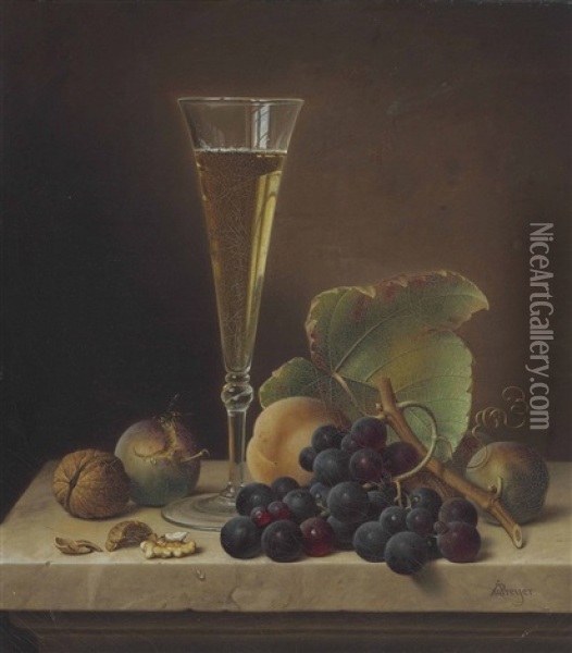 Still Life Of Fruit, Walnuts And A Champagne Flute On A Marble Ledge Oil Painting - Johann Wilhelm Preyer