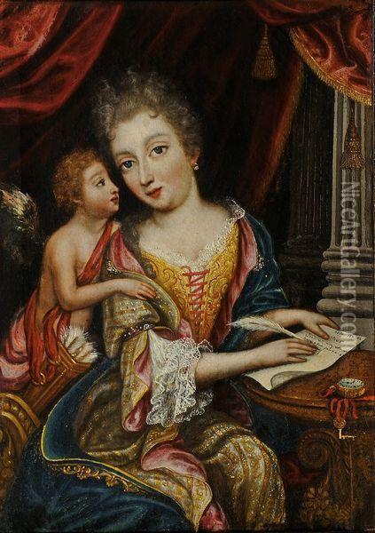 Jeune Femme Ecrivant Une Lettre Dictee Par Cupidon Oil Painting - Henri Gascard