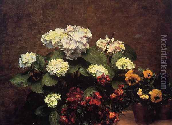 Hydrangias, Cloves and Two Pots of Pansies Oil Painting - Ignace Henri Jean Fantin-Latour